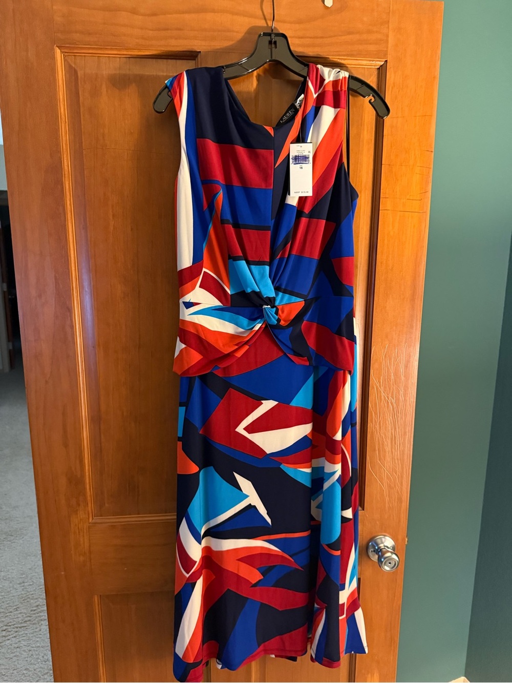 Lauren Sleeveless Twist-Front Geometric Print Dress - Multi Color NWT SZ 16
